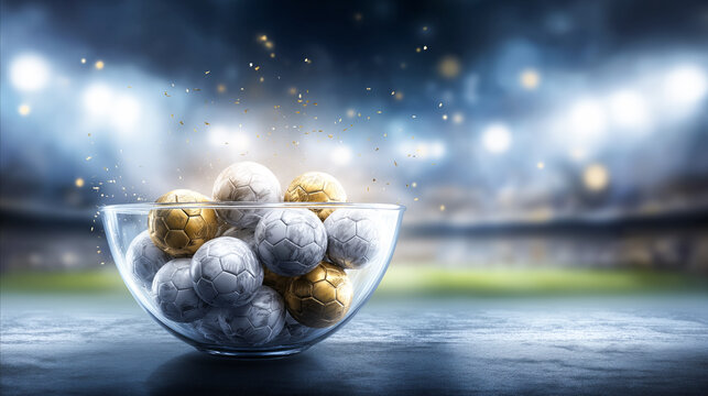 Mini soccer balls inside a glass container with copy space. Concept of tournament draw, team selection, competition and football world championship