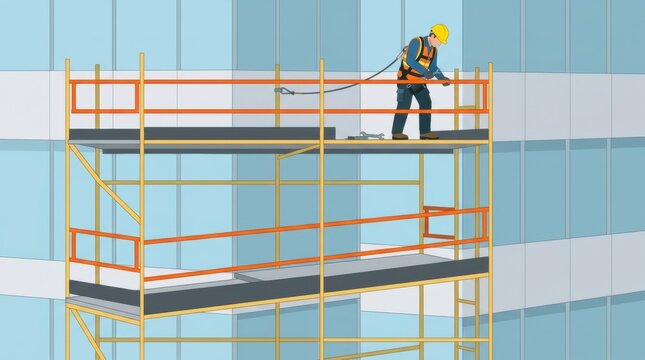 Construction Site With Worker on Scaffolding During Building Project in Urban Area