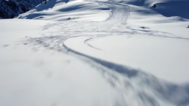 Ski tracks on a fresh snowy slope