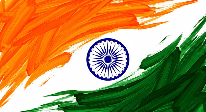 Indian flag colors with brush strokes and Ashoka Chakra symbol tricolor saffron