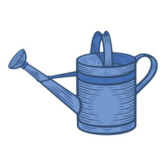 Obraz premium Blue watering can illustration with garden tools, hand-drawn style, vintage engraving look, metal can with spout and handle, gardening concept, detailed line art, isolated