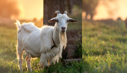Naklejka premium Majestic white goat with long beard standing in sunlit pasture at sunset