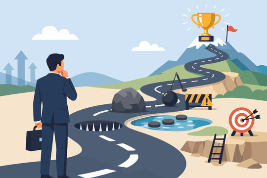 Businessman Planning Strategy to Overcome Obstacles and Pitfalls on a Winding Road to Reach Success Goal and Trophy on Mountain Peak. Career Path, Achievement, and Challenge Concept Illustration.