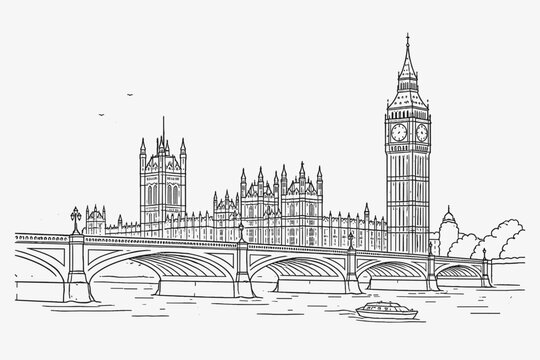 Linear Drawing of Westminster Palace with Big Ben and Westminster Bridge in London, Simple Flat Vector Illustration of Iconic United Kingdom Landmark, Coloring Page Style Architecture Sketch