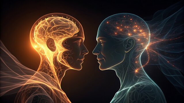 Abstract representation of two human heads with glowing brains and energy trails abstract technology intelligence connection communication mindscape consciousness futuristic silhouette