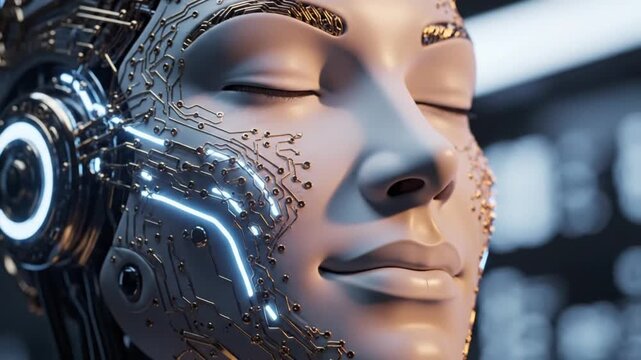 A futuristic robotic face with glowing circuits.