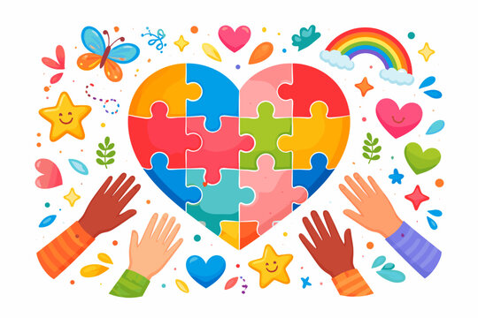 World Autism Awareness Day Poster with Colorful Heart Puzzle and Diverse Hands Reaching Out for Inclusion, Support, and Neurodiversity Celebration, Vector Illustration for Awareness Campaigns.