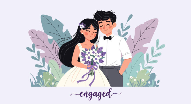 Engaged Couple Embracing with Floral Bouquet.