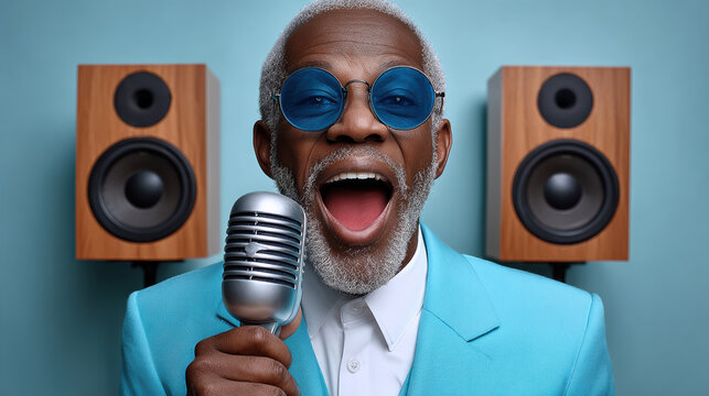 Elderly Black man singing passionately into microphone, wearing blue suit and round glasses, standing in front of wooden speakers