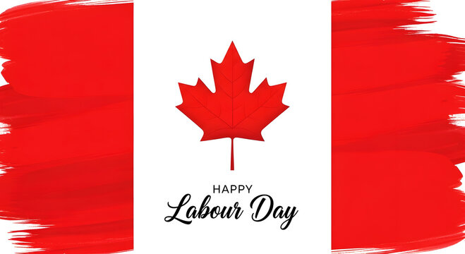 Red maple leaf and happy labour day text on abstract red brush strokes canada holiday