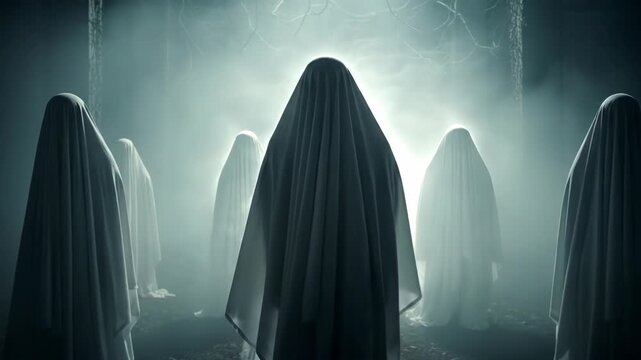 Group of spooky sheet ghosts standing in an eerie foggy forest at night