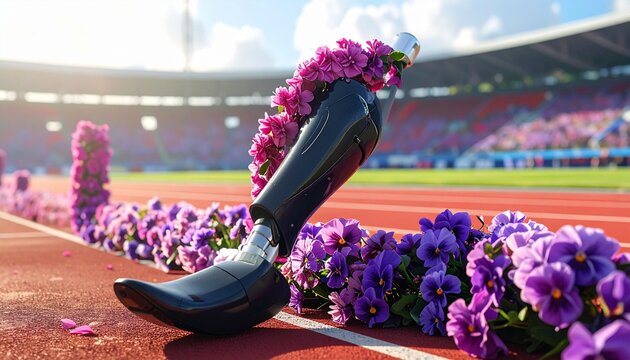 Adaptive athlete's prosthetic running blade with victory flowers at stadium finish line