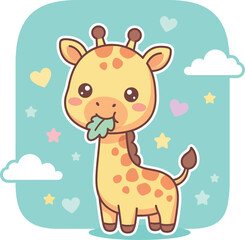 Cute cartoon giraffe eating leaves illustration with long neck, illustration © Eps World