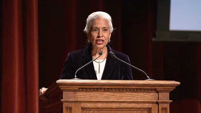 Senior elegant woman speaking at wooden podium on dark stage with microphones and dramatic lighting. Concept of authority and public leadership