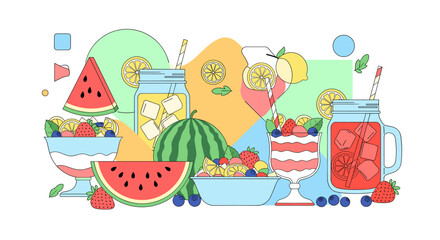 Fototapeta premium Vibrant and cheerful illustration of a fruit cocktail, evoking freshness and a playful mood, ideal for promoting healthy eating or summer themes.