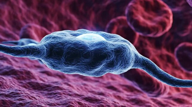 Microscopic view of a trypanosoma parasite in human tissue with red blood cells