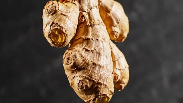 Close-up shot of raw ginger root on dark background, showing texture and detail for cooking or medicinal use