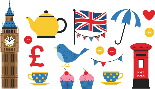 London culture icon set with Big Ben, teapot, Union Jack flag, red post box, umbrella and British symbols vector illustration