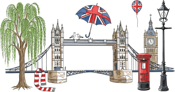 London landmarks illustration with Tower Bridge, Big Ben, Union Jack umbrella, red post box and street lamp vector travel set