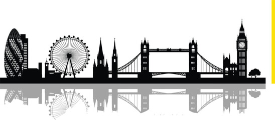 London skyline silhouette with Big Ben, Tower Bridge, London Eye and modern city buildings reflection vector illustration © MdMostafijur