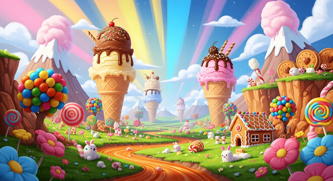 Whimsical candy land with giant ice cream cones and gingerbread house image
