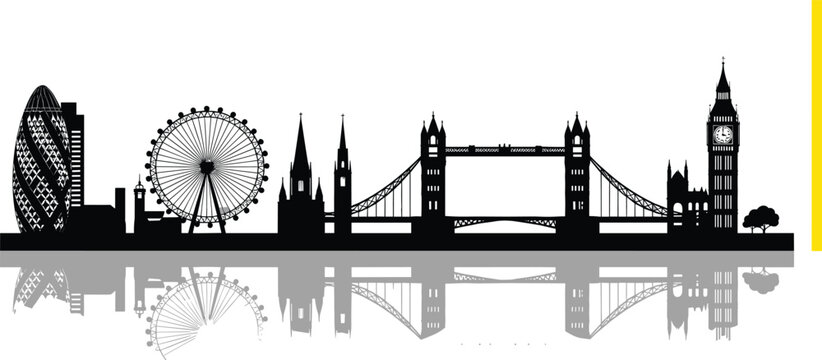 London skyline silhouette with Big Ben, Tower Bridge, London Eye and modern city buildings reflection vector illustration