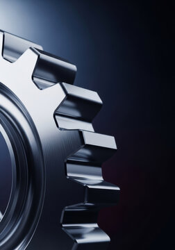 Polished metallic gear metal gear gear tooth industrial component mechanical part close up cinematic lighting technical background
