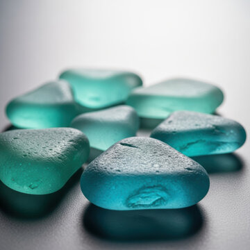 Close up sea glass texture teal blue frosted pieces illuminated by soft backlight with empty space for design, cool serene minimal still life