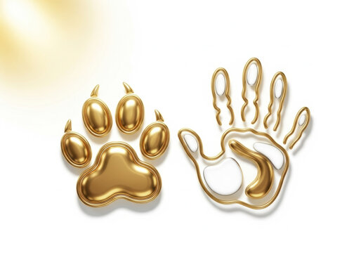 Gold paw print and gold handprint on white background conveying harmony trust friendship with elegant metallic texture