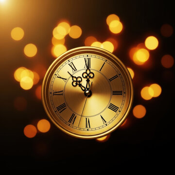 Golden clock vintage clock bokeh lights countdown midnight holiday ornate hands circular face roman numeral brass texture