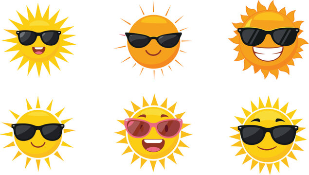 Set of Happy Sun Icons with Sunglasses and Smiley Faces for Summer, Fun, and Vacation, Vector Design