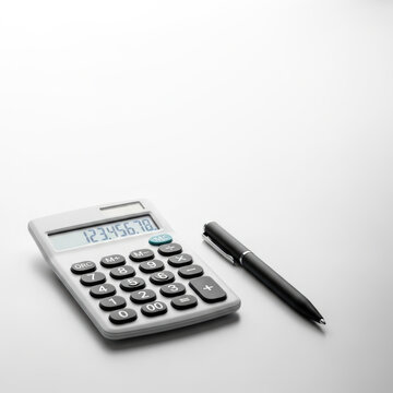 Minimalist calculator pen white desk office supplies finance tax math modern minimalist calculator and sleek black pen clean white desk surface