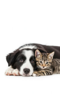Adorable dog kitten companionship calm friendship pet border collie tabby cat lying white background relaxed