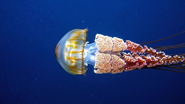 Graceful underwater view of a vibrant orange and yellow jellyfish floating in the deep blue ocean