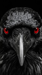 Naklejka premium Mystical Close-Up of a Black Raven with Piercing Red Eyes - Dramatic Dark Fantasy Portrait