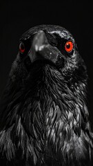 Naklejka premium Dramatic Close-Up Portrait of a Black Crow with Intense Red Eyes