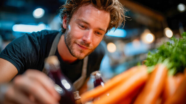 Grocery employee restocking vegetables in a supermarket aisle, highlighting fresh produce merchandising, retail work and food store service