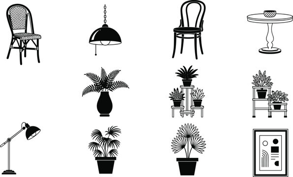 Black silhouette illustrations of home decor and furniture including chairs, lamps, plants, tables, and framed artwork design