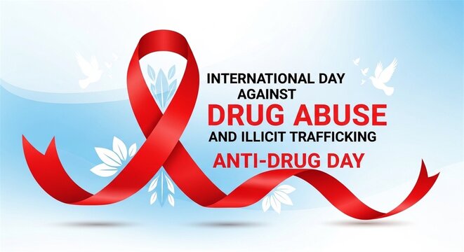 A red ribbon symbolizes international day against drug abuse and illicit trafficking