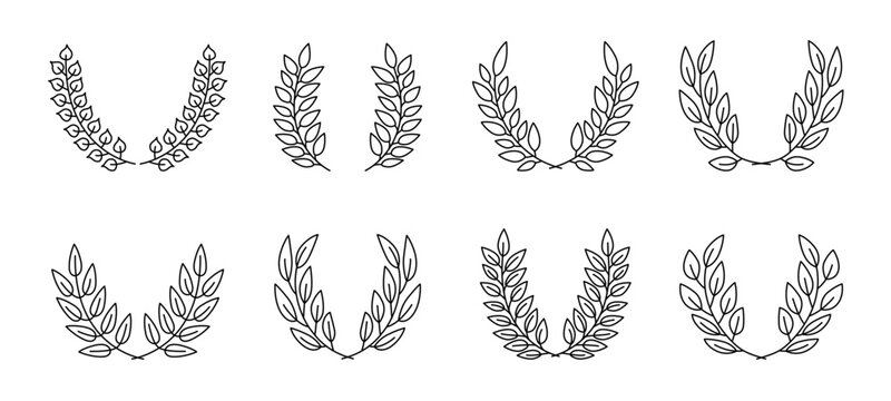 Laurel wreath. Set of black line-art laurel branches and wreath designs in two rows on white background.