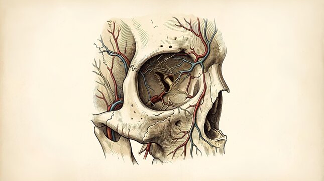 human eye socket anatomy embedded in skull with surrounding blood vessels and nerves vintage medical illustration