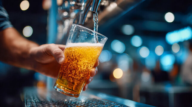 Fresh draft beer pouring into a glass from a tap in a bar with sparkling bubbles
