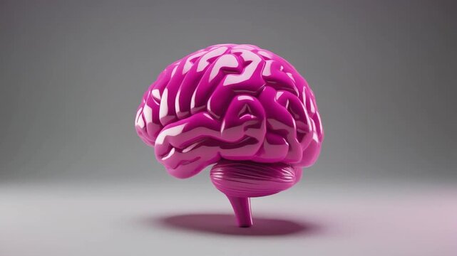 Stylized 3D human brain glowing pink and purple, glossy folds illuminated, modern artistic anatomy, cinematic neuroscience visualization, intelligence, creativity, cognition, emotional storytelling, f