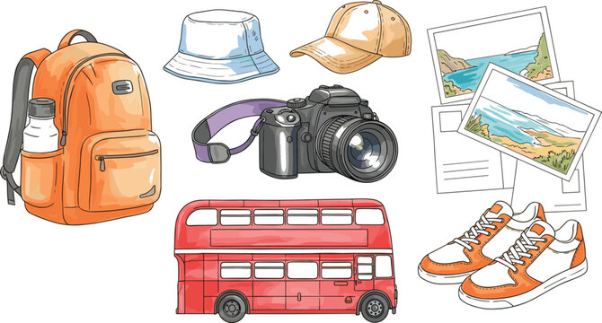 Travel accessories set with backpack, camera, sneakers, cap, bucket hat, postcards and double decker bus vector illustration