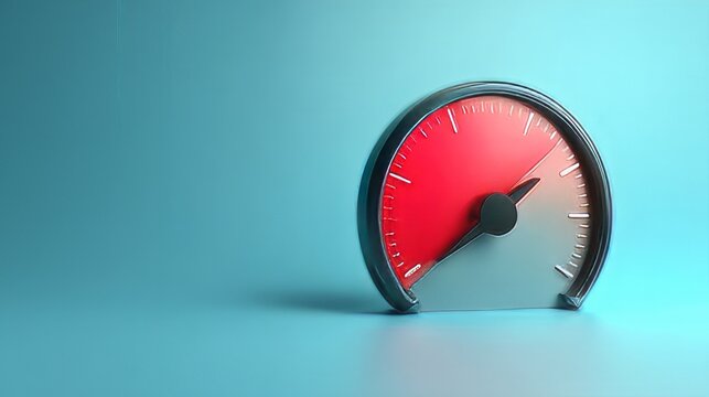 Abstract speedometer gauge illustration designed for performance or risk indicators. Minimalist 3D rendering of a dial with a grey range transitioning into a red "high level" zone. 