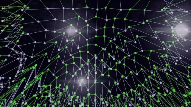 a complex interconnected network, consisting of bright green and purplish-white dots (spots) connected by thin lines (links).