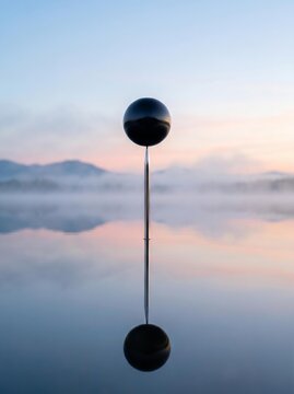 Minimalist Abstract Reflection: Black Sphere on Needle in Calm Lake