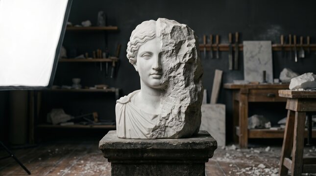 Artistic Marble Sculpture Half Carved in Sculptor Studio
