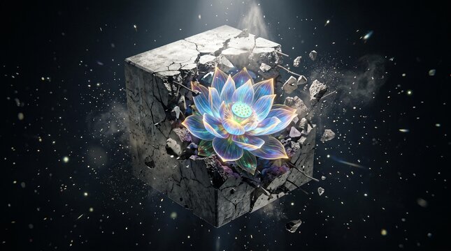 Neon Lotus Flower Bursting Through Concrete Cube in Space