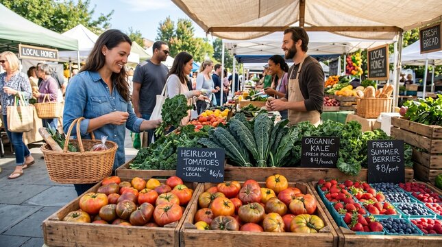 Smiling woman shopping fresh produce at busy farmers market